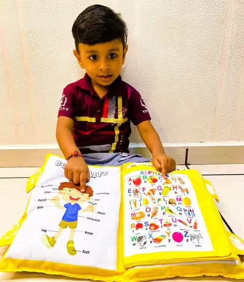 Kids Learning Soft Fabric Cushion | 12 Pages Cushion Book | |Learning Digital Printed Educational Alphabet Learning | | Birthday Gift for Kids-Baby Pillow_Yellow